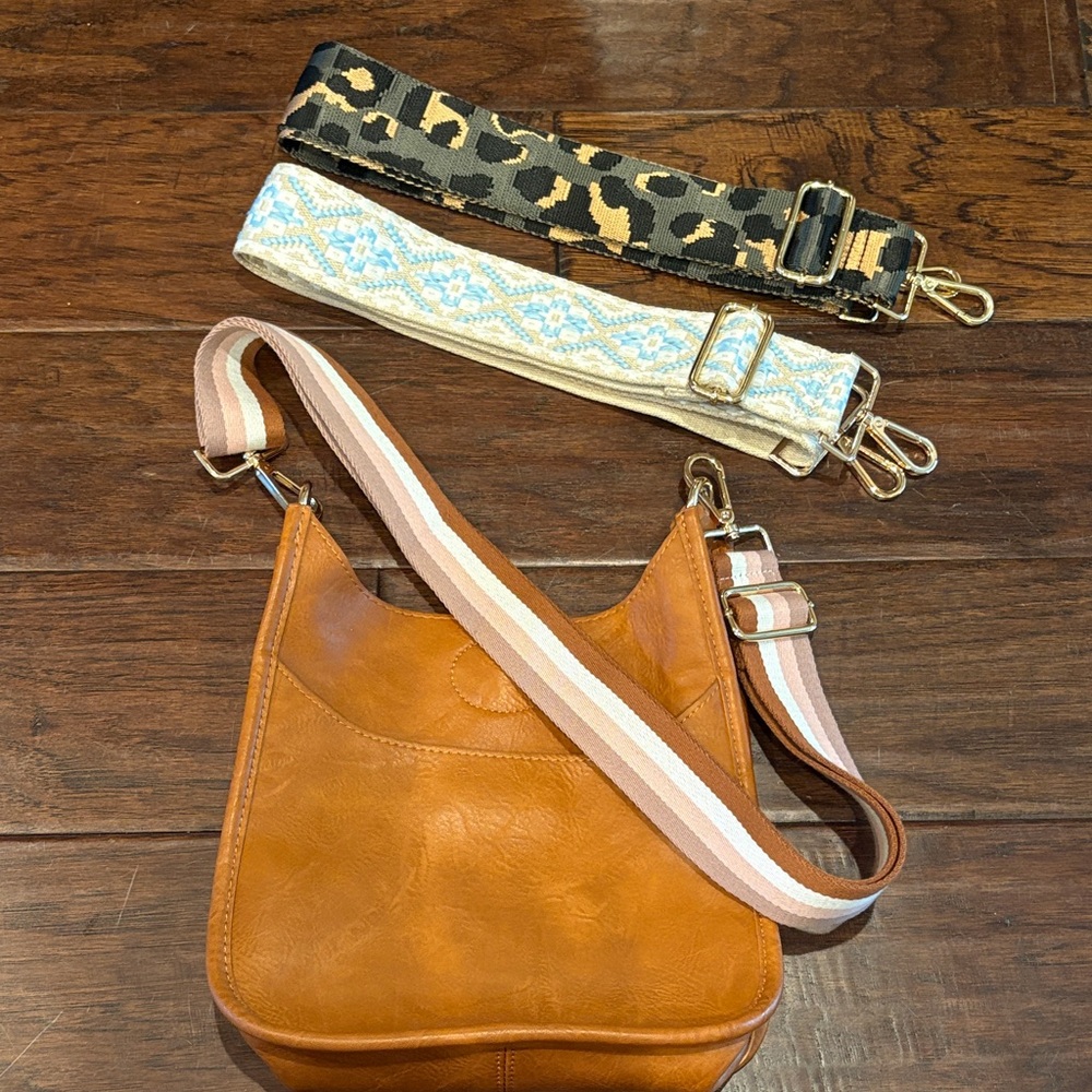 Convertible Tan Shoulder Bag with Striped Removable Strap